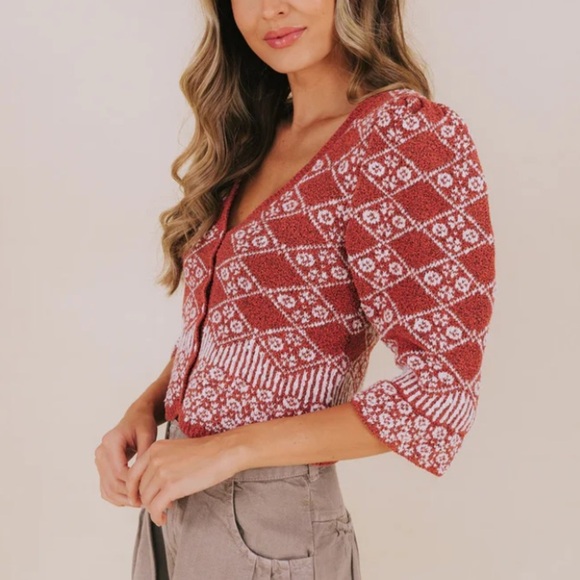 Free People Geo floral Patterned puff sleeve Cardigan 2337 - Picture 3 of 16